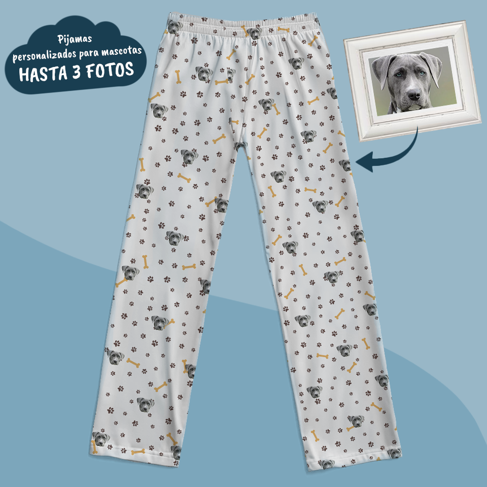 Pantalón de pijama blanco con huellas y huesos – Diseño personalizado con mascota (para adultos y niños)