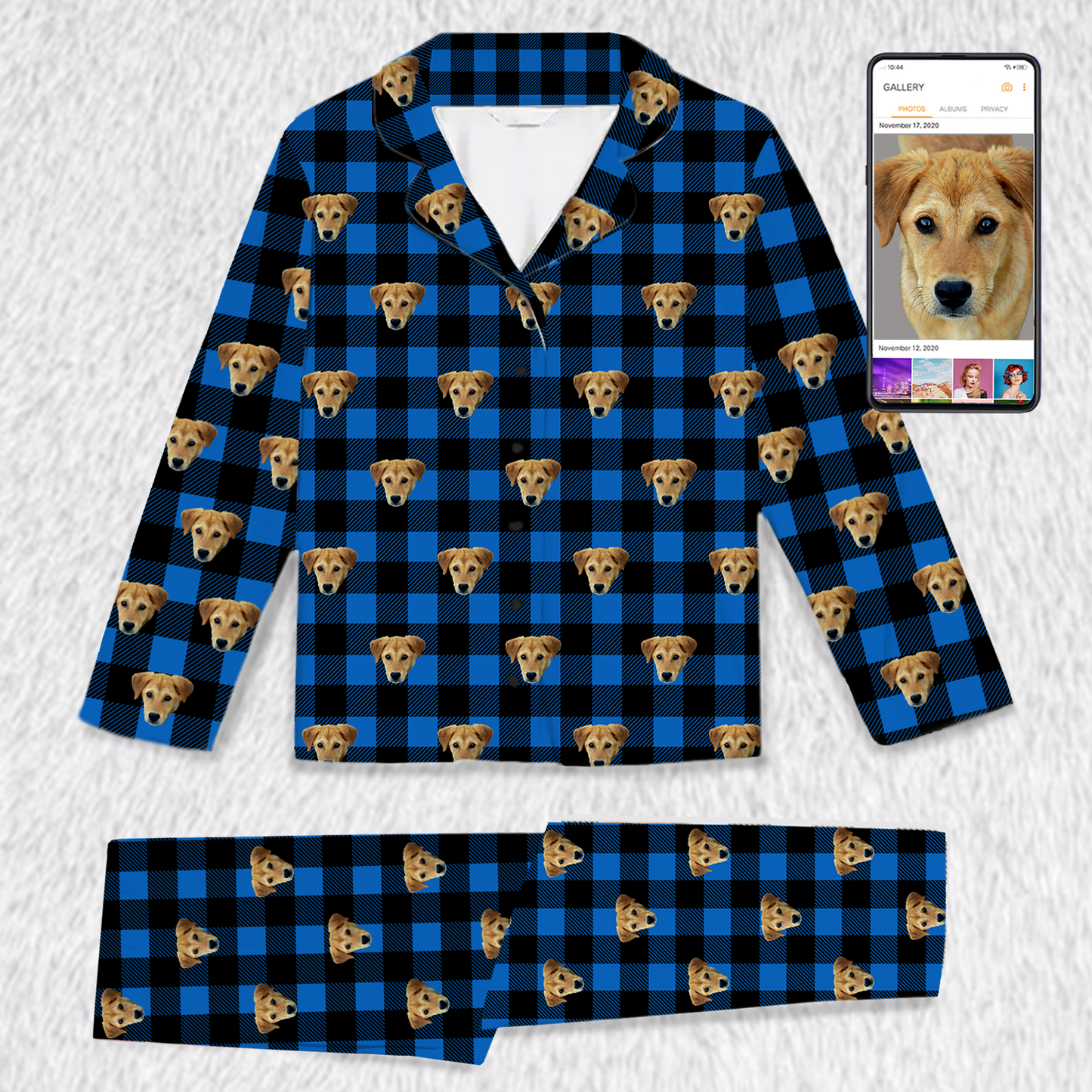 Conjunto de pijama azul a cuadros – Diseño personalizado con mascota (para adultos y niños)