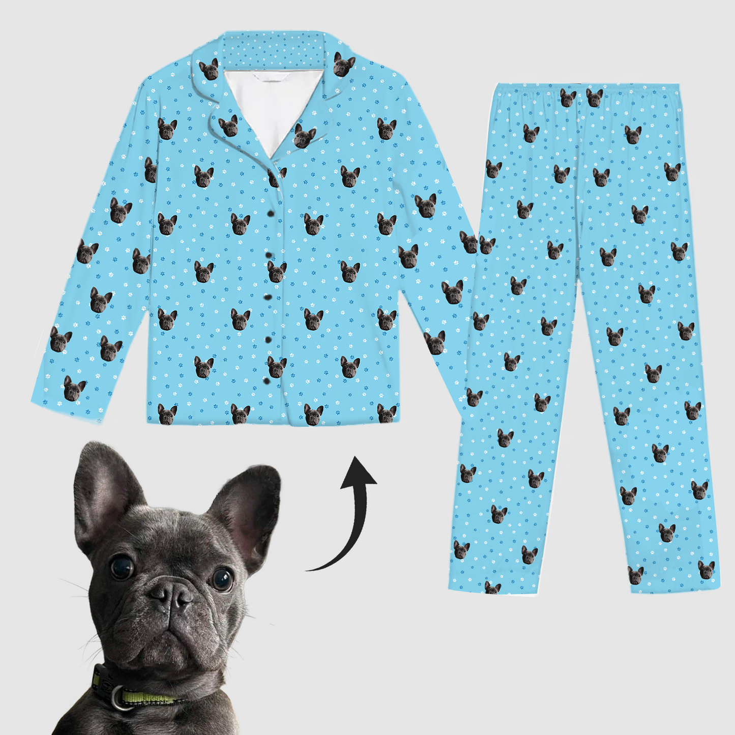 Conjunto de pijama azul claro con huellas – Diseño personalizado con mascota (para adultos y niños)