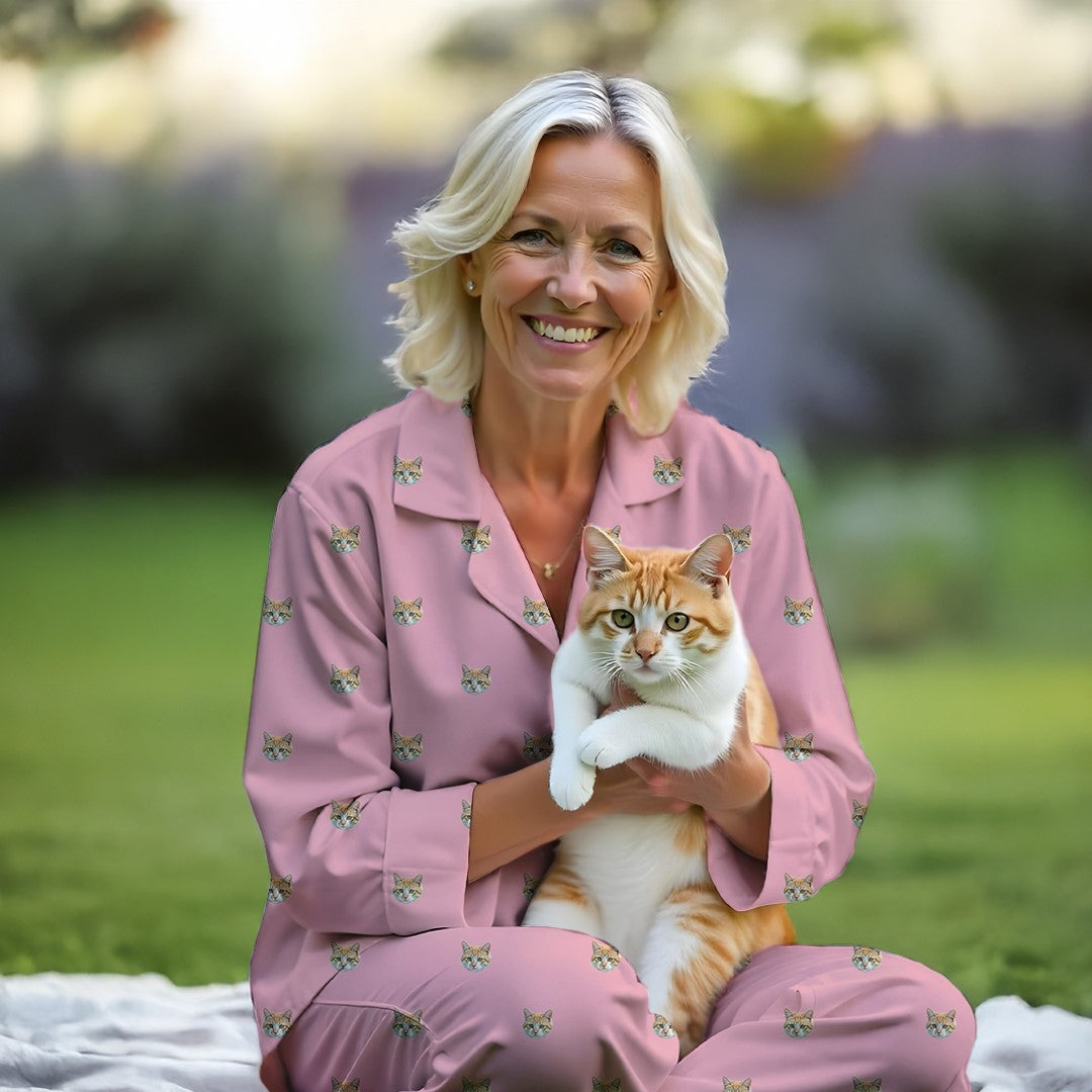Mujer usando pijama rosa personalizado con diseño de gato, sosteniendo un gato atigrado naranja al aire libre